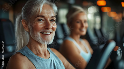 Two women exercising in a g...