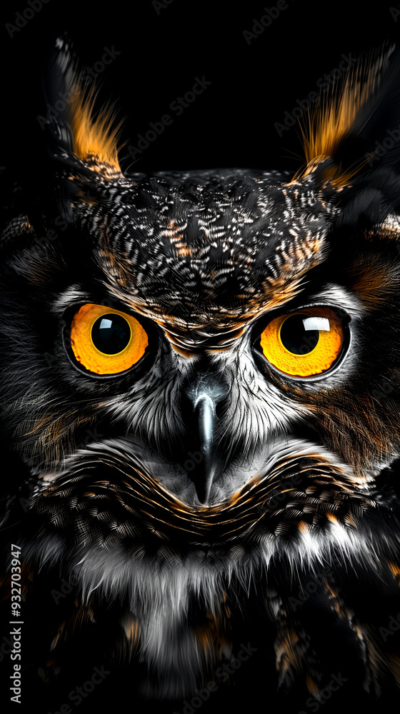 A close up of an owl's face with yellow eyes. The owl's eyes are open and staring at the camera. The image has a dark background, which emphasizes the owl's features and creates a sense of mystery A close up of an owl's face with yellow eyes. The owl's eyes are open and staring at the camera. The image has a dark background, which emphasizes the owl's features and creates a sense of mystery