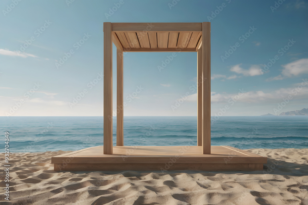 3d wooden podium for showcase on the seaside 3d wooden podium for showcase on the seaside