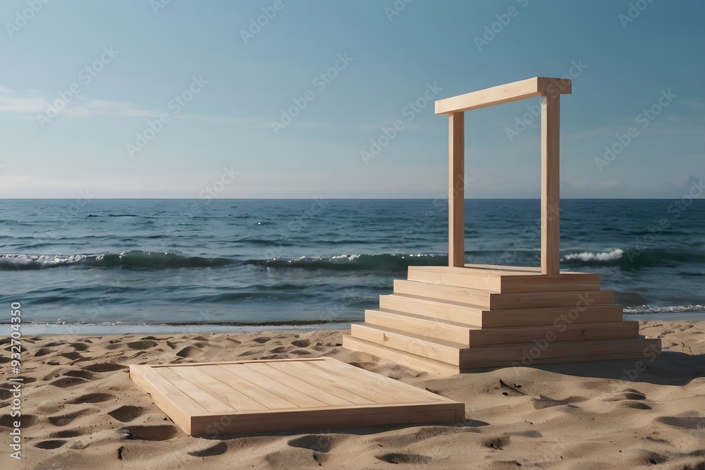 3d wooden podium for showcase on the seaside 3d wooden podium for showcase on the seaside