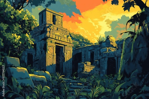 Ancient Stone Temple Ruins Amidst Lush Jungle at Sunset