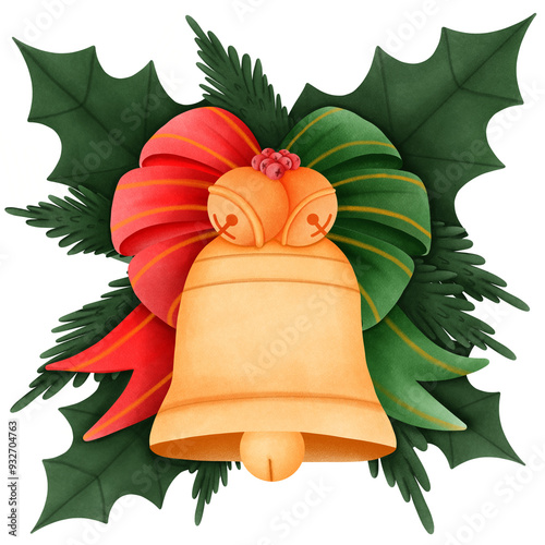 christmas bells with holly and ribbon