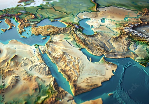 3d map of the middle east, accurate topography, high resolution, accurate features, accurate borders, no text or numbers on it, photo