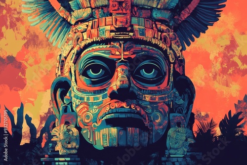 Colorful Abstract Mosaic of a Mayan Deity with Wings