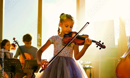 Young Girl Playing Violin in a Music Classroom