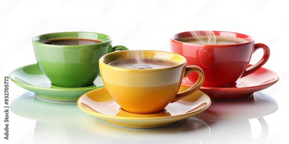 Three Colorful Coffee Cups, Still Life, Closeup, Steam, Beverages, coffee, beverage Three Colorful Coffee Cups, Still Life, Closeup, Steam, Beverages, coffee, beverage