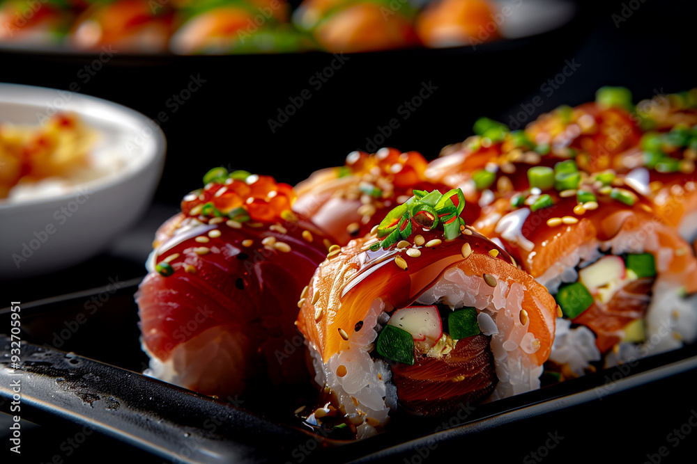 A tray of sushi with a variety of toppings including avocado, cucumber, and seaweed A tray of sushi with a variety of toppings including avocado, cucumber, and seaweed