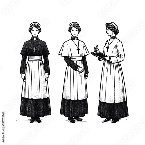 illustration of three nun in clothes. Women illustration, Art hand drawn vector.