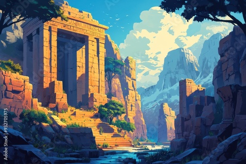 Ancient Stone Gateway in a Mountainous Landscape