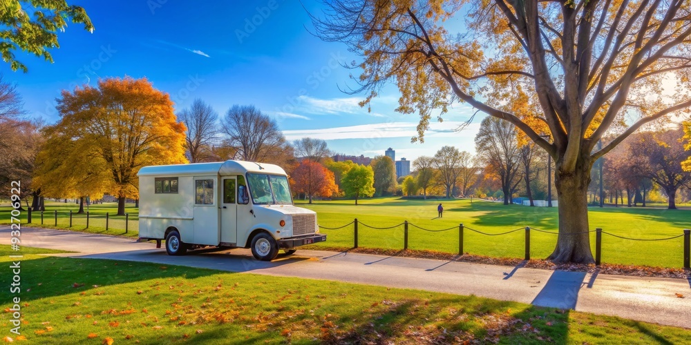 Obraz premium White Delivery Van Parked Beside a Golf Course with Fall Foliage, van, delivery, autumn, fall