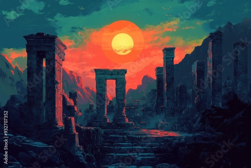 Ancient Ruins at Sunset with Large Sun and Mountains
