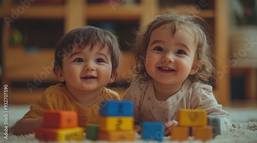 Cute toddlers playing with wooden blocks on the floor