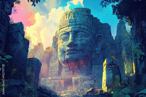 Ancient Stone Face Carved into Temple Ruins in Tropical Jungle