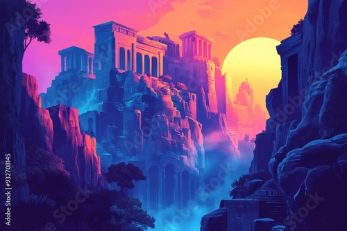 Ancient Ruins and Sunset in a Surreal Landscape