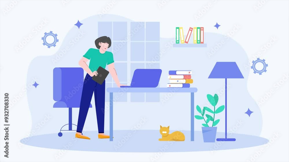 a woman stands next to a desk with a laptop illustration business animated video a woman stands next to a desk with a laptop illustration business animated video