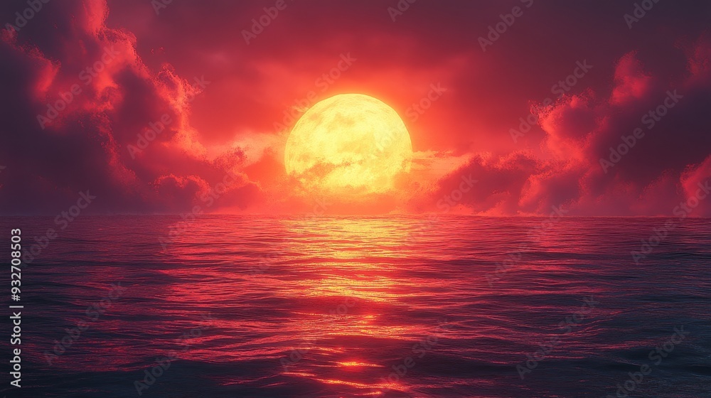 Dramatic Sunset over the Ocean with Full Moon Dramatic Sunset over the Ocean with Full Moon