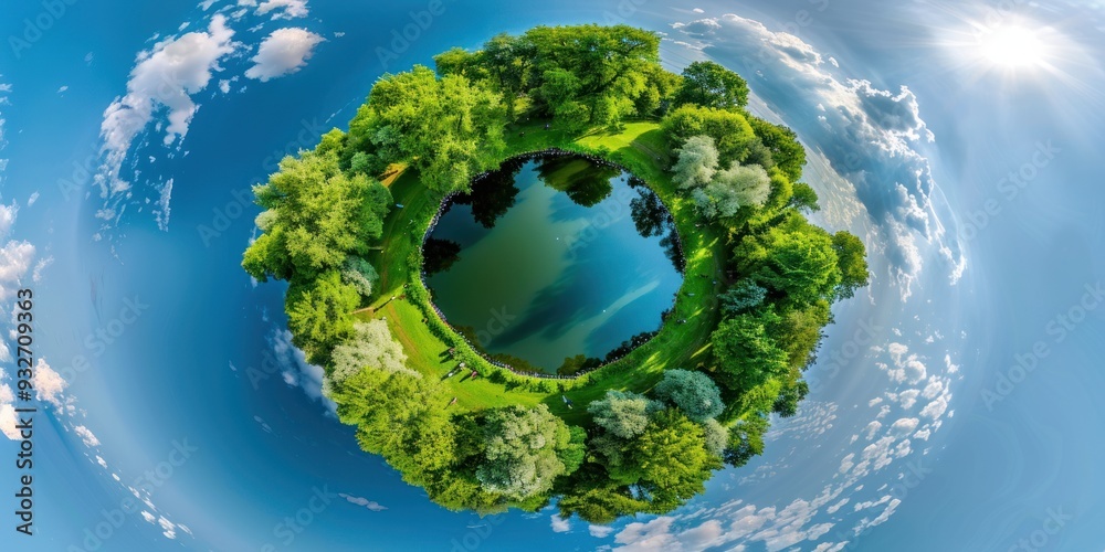 Fototapeta premium Little Planet: A Circular Panorama of a Serene Lake Surrounded by Lush Greenery