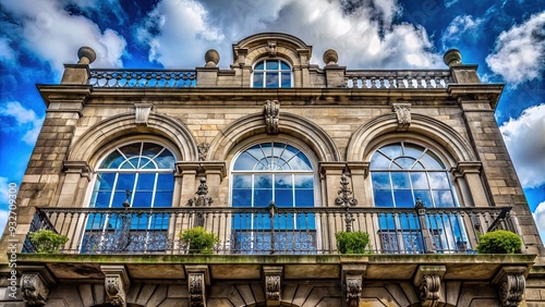 A modern gray stone building with a large arched window and ornate ironwork balcony, set against a vibrant blue sky with puffy white clouds.