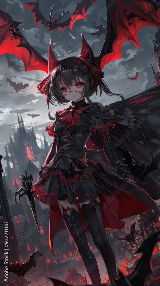 A young girl in a Dracula costume poses amidst a spooky, haunted backdrop with bats and a looming castle under an eerie sky A young girl in a Dracula costume poses amidst a spooky, haunted backdrop with bats and a looming castle under an eerie sky