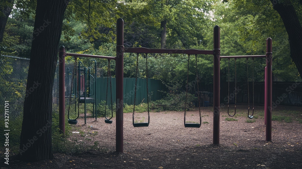 An abandoned playground with empty swings, evoking a sense of absence and past activity. An abandoned playground with empty swings, evoking a sense of absence and past activity.