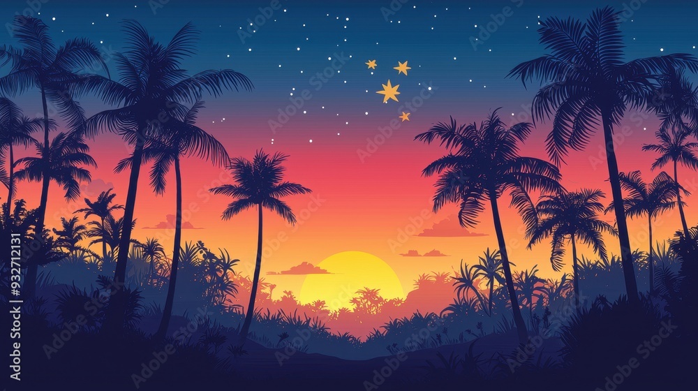 Tropical Sunset with Palm Trees and Starry Sky Tropical Sunset with Palm Trees and Starry Sky