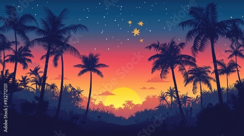 Tropical Sunset with Palm Trees and Starry Sky
