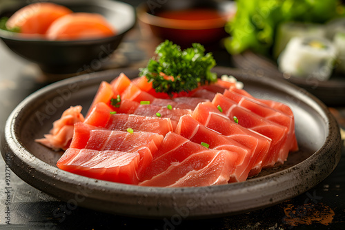 Sashimi of tuna and salmon on a dark plate