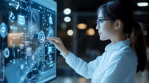 Woman interacting with a futuristic digital interface on a large screen.