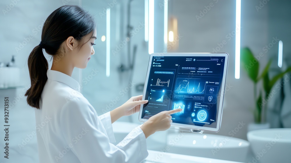 Woman in a white lab coat using a touchscreen computer in a modern bathroom. Woman in a white lab coat using a touchscreen computer in a modern bathroom.