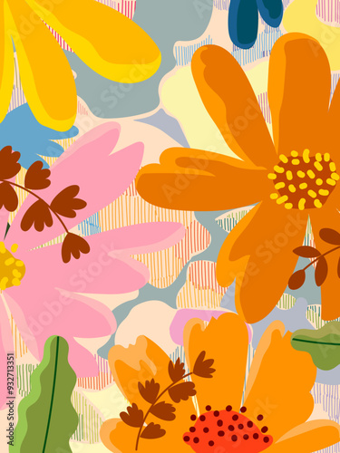 Abstract nature, floral, plants and flower colorful lines drawing hand drawn and pattern vector illustration background. Aesthetic design for wall art, prints, cards, cover, poster, web and banner.