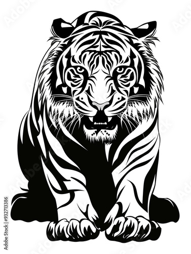 A tiger is sitting on a white background. The tiger has a black and white striped pattern on its body