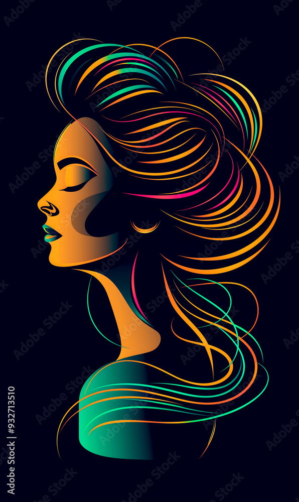 A woman with long hair and a colorful headband. The hair is in a wavy style and the headband is multicolored A woman with long hair and a colorful headband. The hair is in a wavy style and the headband is multicolored
