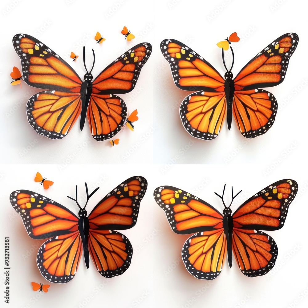 Four Monarch Butterflies on White Background Four Monarch Butterflies on White Background
