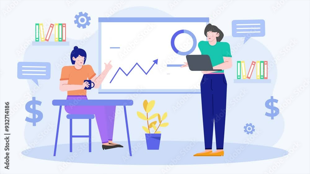 professionals engage in discussion at a modern workspace focusing on data analysis and productivity strategies illustration business animated video professionals engage in discussion at a modern workspace focusing on data analysis and productivity strategies illustration business animated video