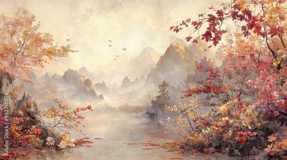 Fototapeta premium Autumnal Mountain Landscape with River and Red Leaves