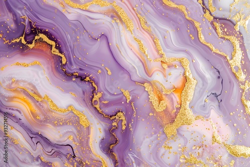 Abstract background with a marble pattern and golden glitter, in light purple and yellow colors. 