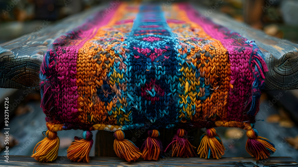 Obraz premium Colorful Knitted Table Runner with Tassels - Photograph