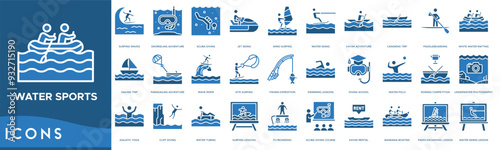 Water Sports icon. Surfing Waves, Snorkeling Adventure, Scuba Diving, Jet Skiing and Wind Surfing