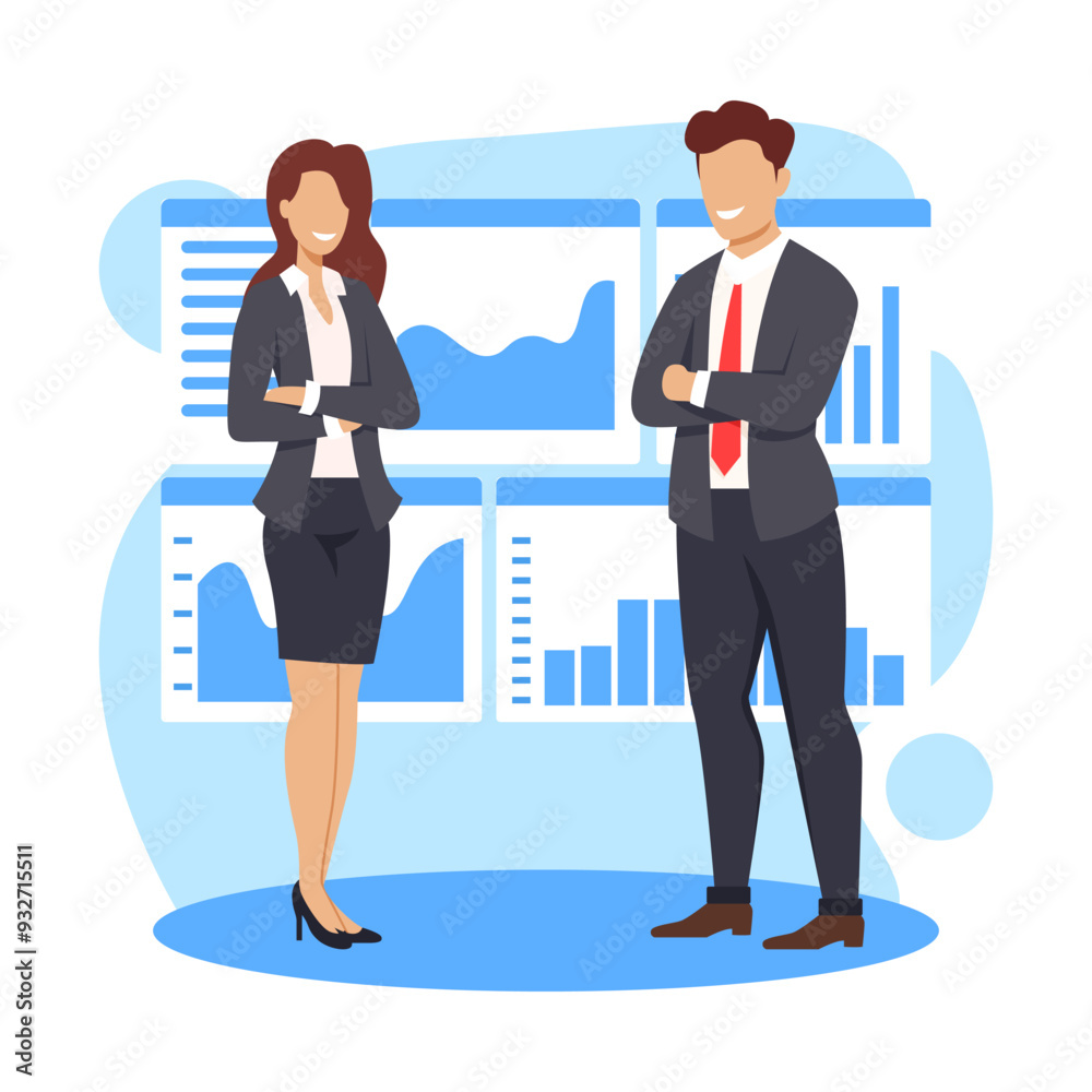 a businesswoman giving a presentation to a businessman, both standing and smiling in front of a whiteboard, very simple flat design style, white background a businesswoman giving a presentation to a businessman, both standing and smiling in front of a whiteboard, very simple flat design style, white background