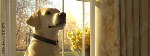 Automated pet door, activated by a smart collar, in a cozy home, soft daylight photo