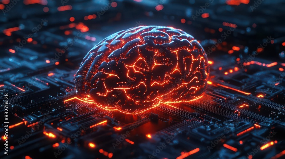 A highly detailed 3D digital brain made of interconnected circuits and ...