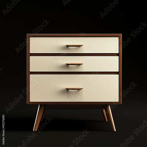 High-Resolution Retro Chest of Drawers with Three Compartments, Featuring a White and Brown Color Scheme on a Black Background.