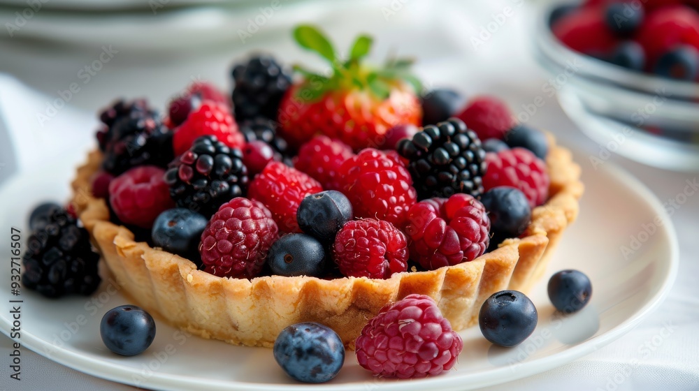 Delicious fruit tart with mixed berries on a white plate Delicious fruit tart with mixed berries on a white plate