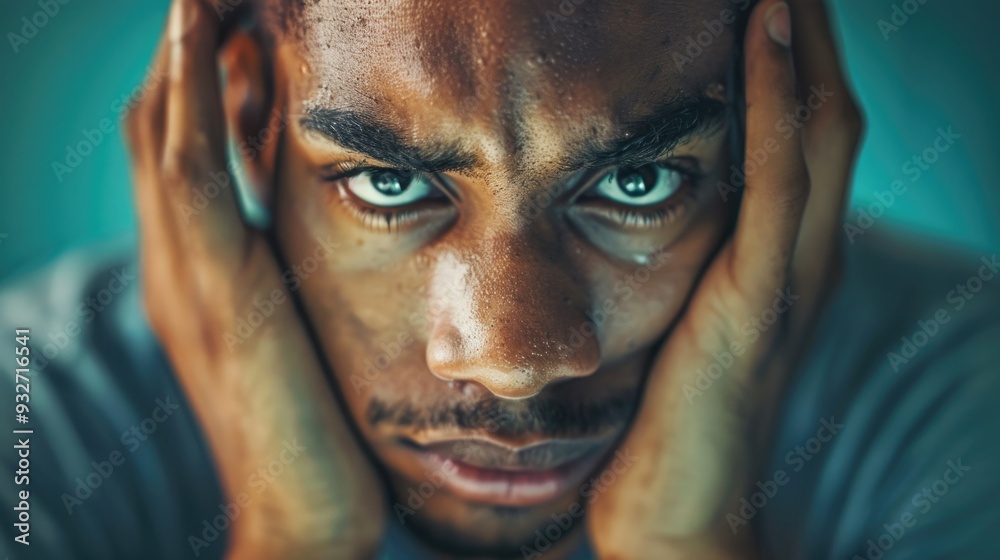 Young man with a worried expression grappling with a problem revealing vulnerability and stress. Young man with a worried expression grappling with a problem revealing vulnerability and stress.