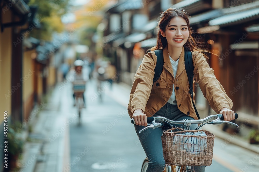 Fototapeta premium Urban Commute Serenity - Japanese Woman Cycling Through Kyoto Streets with Grace, Daily Life Snapshot in Realistic Style