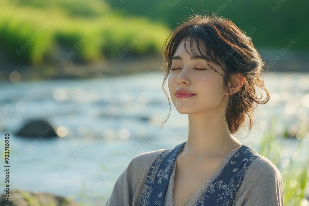 Serene Japanese Woman Meditating by Tranquil River - Finding Inner Peace and Balance Close Up, Multilayer Meditation Theme Serene Japanese Woman Meditating by Tranquil River - Finding Inner Peace and Balance Close Up, Multilayer Meditation Theme