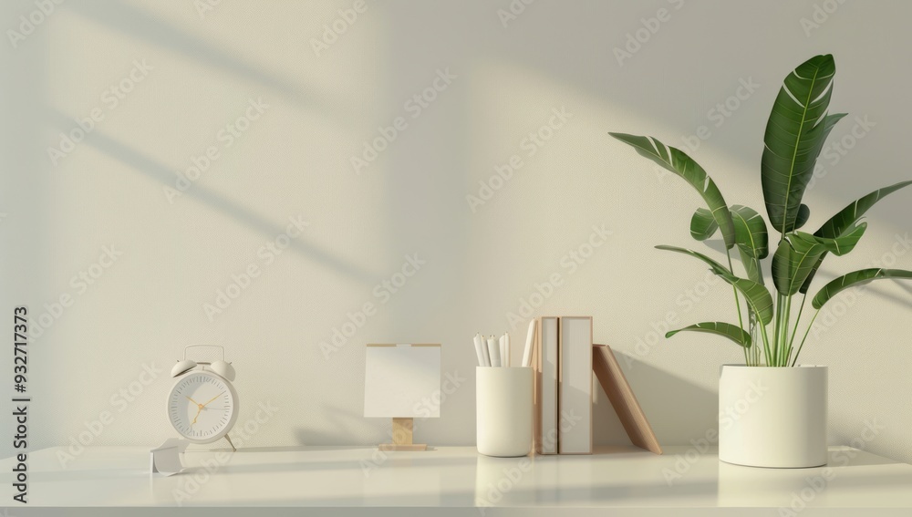 Fototapeta premium Minimalist Home Office Setup with White Desk and Green Plant