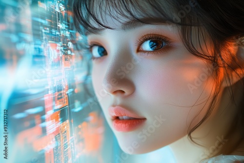 Futuristic Japanese Model Woman Creating Digital Art - Blending Technology and Creativity in Modern Studio Close Up