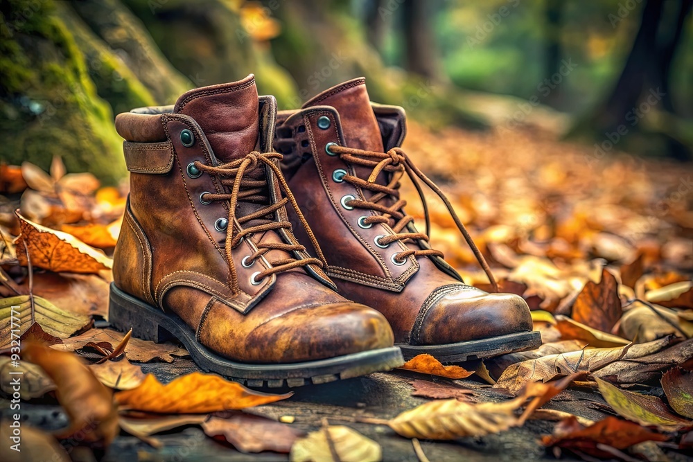 A pair of worn, brown leather hiking boots sit securely on dirty feet, laces tied, amidst a backdrop of rugged outdoor terrain and scattered leaves. A pair of worn, brown leather hiking boots sit securely on dirty feet, laces tied, amidst a backdrop of rugged outdoor terrain and scattered leaves.
