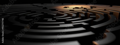Circular maze, black and gold, intricate pattern, soft spotlight